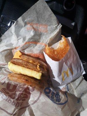 sausage egg and cheese McGriddle and a hash brown