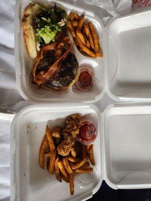 Bacon cheeseburger.  Fish and chips.  Two side salad with ranch.  Oops, they forgot both of those.