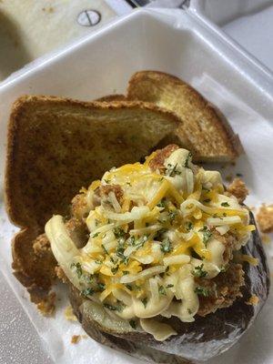 Fried Chicken Loaded Potato w/ side of grill cheese toast