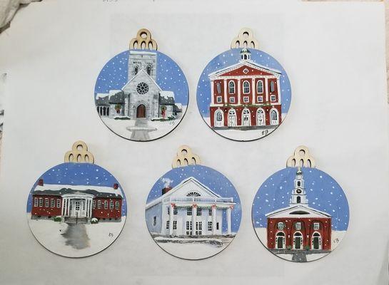 Now available. NH town Christmas ornaments depicting historic sites. Ten towns currently available.