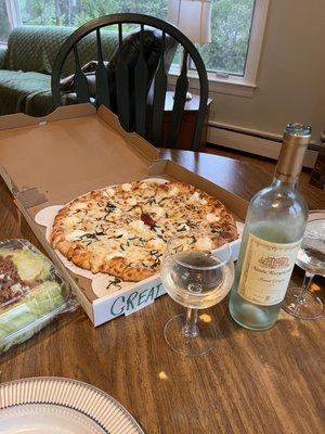 Great White Shark pizza large with chili oil & wedge salad yum! We put it with a Pinot Grigio we had at our house.