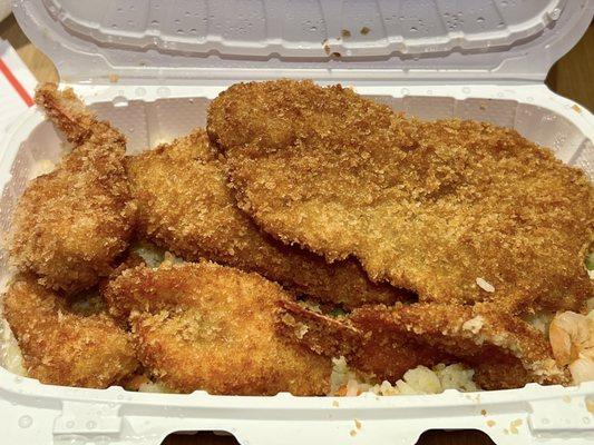 C6. Two Piece Fried Flounder, 4 Piece Shrimp and Seafood Rice Combo