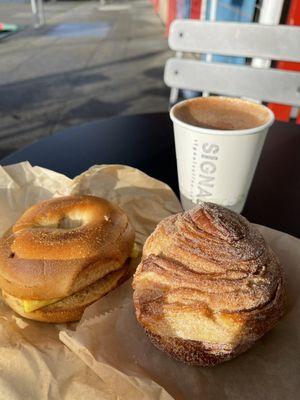 Breakfast bagel, morning bun and Mexican Mocha at SIGNAL Coffee Roasters in Berkeley.