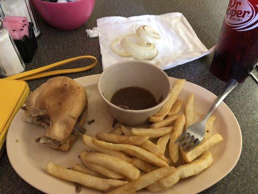 Tasty French dip and fries, next time hold the onions.