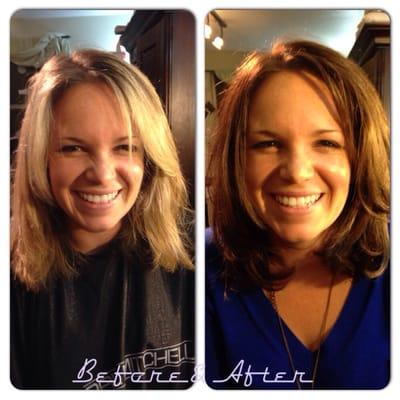 Overly processed blonde to a soft natural brunette