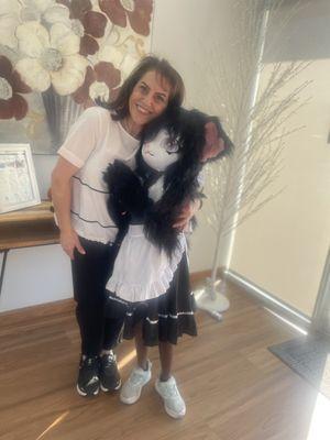 Owner Sheila with thrilled patron in newly altered costume!