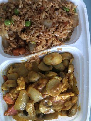 Chicken with Curry and vegetable fried rice lunch combination