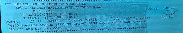 Parts are worth $22.65. Labor??? $182.35. To replace a nut and a bolt.