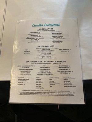 Front of menu