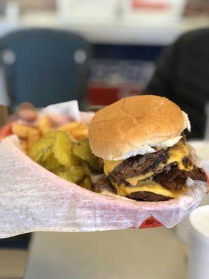 Quadruple patty Kirby cheeseburger, extra pickles and fries.