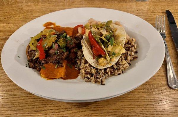 Carne Asada enchilada and shrimp taco