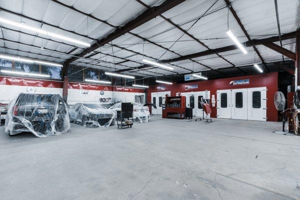 Paint shop with two downdraft heated booths.