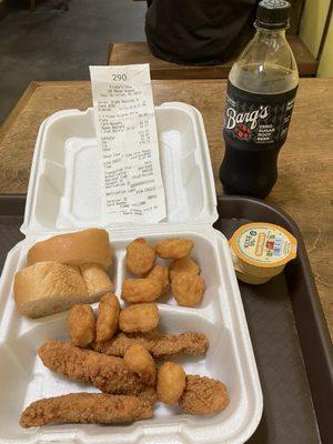 paid $15 for this small plate. corn nuggets were good but the chicken strips were very small & overcooked. Very disappointing experience.