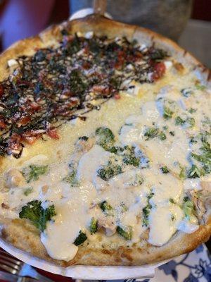 Half Bruschetta and half Chicken and Broccoli Alfredo Pizza