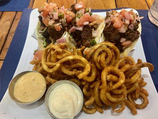 Barbacoa Tacos with Fries ( Chipotle sauce & Garlic Aioli Sauce )