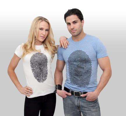 Standard fingerprint T-shirts for men and women.  Being featured in www.skymall.com until December  2013.