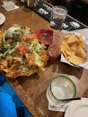 Salsa and chips + margarita + nachos