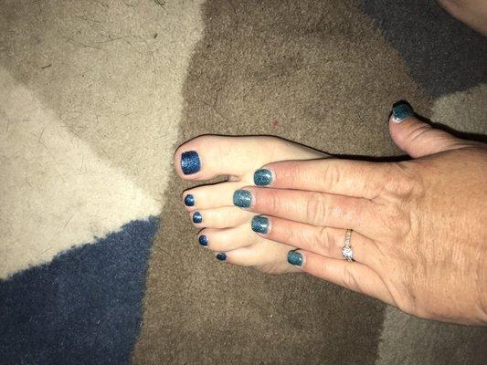 This is 2 different blues. The one on my toes is the color I wanted on both