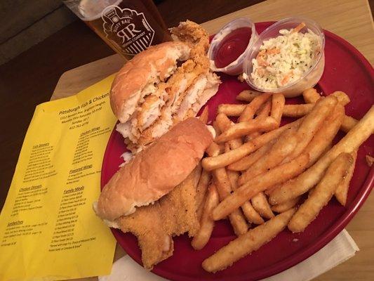 Split two Friday specials. Half cod and half catfish seasoned fish with fries and coleslaw. Fantastic!