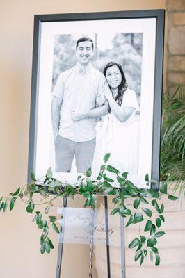 Framed photo displayed as a welcome sign for our wedding