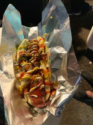 Kosher Hot Dog Wrapped in Bacon with all the fixins