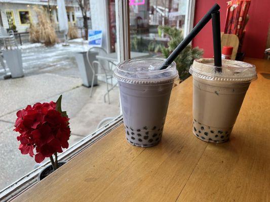 Taro milk tea (left), Lavender milk tea (right)