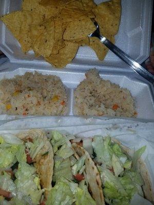 Shrimp/fish tacos, rice & chips