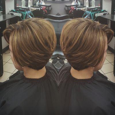 Hair color, highlights, cut and style done by Arizo