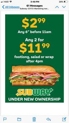 Always Great Deals at Subway in Aberdeen plaza