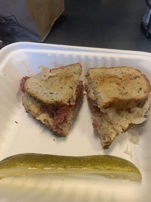 Half Reuben cut in half.