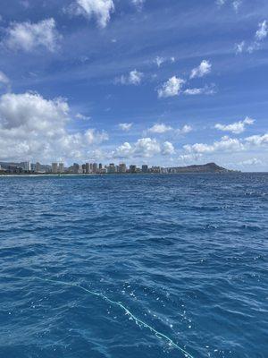 Gorgeous view of Diamond Head and Waikiki from where we anchor to dive