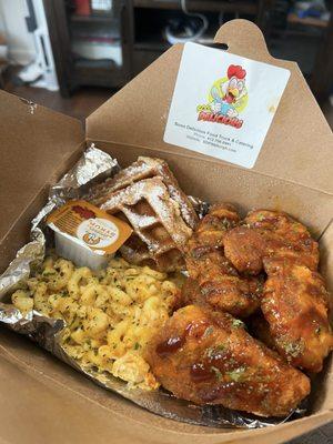 Fried chicken, Cornbread Waffles, and  Mac & Cheese