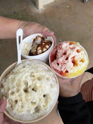 Bottom: Medium Haupia Delight, Top: Ice Cream Sundae, Right: Small Strawberry & Banana Shave Ice with condensed milk