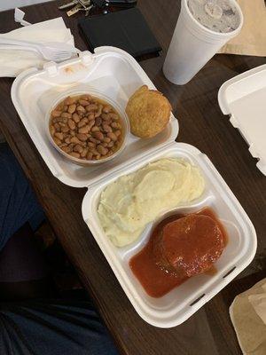 Meatloaf, mash potatoes, and pinto beans