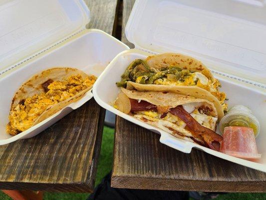 Chorizo & egg, nopales & egg, and bacon and egg tacos.