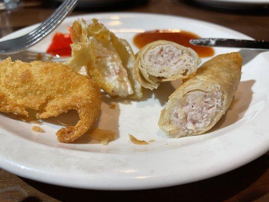 The inside of the Thai rolls and crab Rangoon.