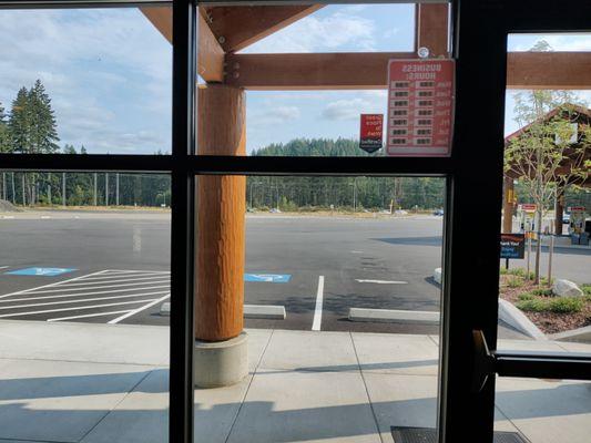 Looking outwards from the interior. Shell gas station on the right.