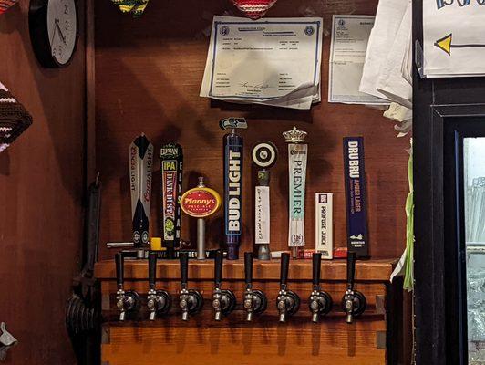 Draft beer taps.