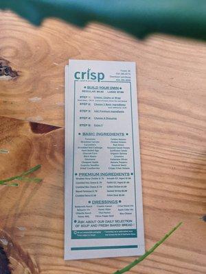 Printed menu at Crisp, Lynchburg