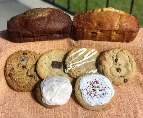 Banana Bread, Strawberry Rhubarb Bread, Assortment of LARGE cookies