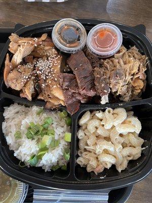 Freddy's Hawaiian Plate- teriyaki chicken, pulled pork, marinated steak, with rice & Mac salad