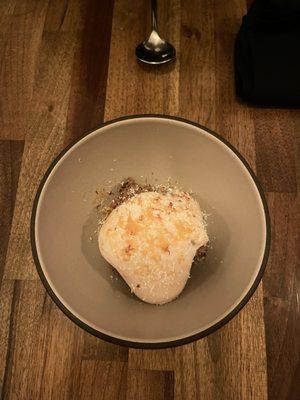 White sesame ice cream w peach koji and white chocolate