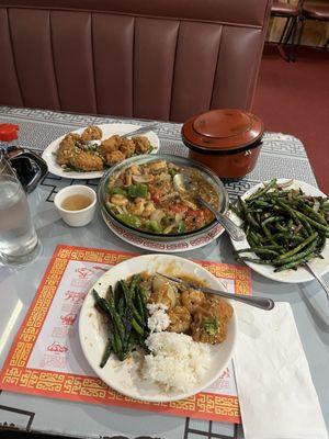 Shrimp with lobster sauce, spicy green beans, salt and pepper chicken - all really good!