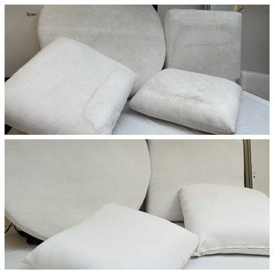 Before & After pics of patio cushions we've cleaned & stain proofed with great results. Mildew treated,Zippers replaced and tears fixed.