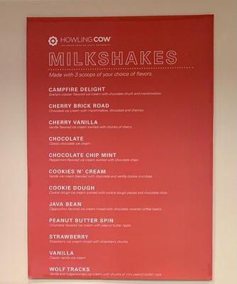 Milkshake menu