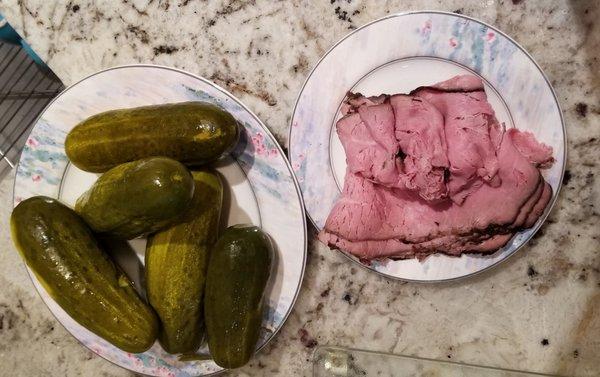 What I'd call "deli barrel pickles" and deli sliced roast beef cooked just right.