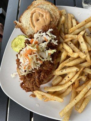 Fried chicken sandwich with French fries