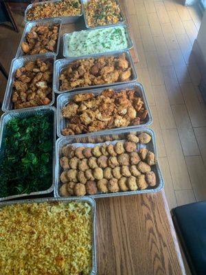 Southern catering. Fried chicken macaroni and cheese, collard greens, mashed potatoes, salmon croquettes.