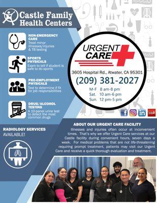 For medical problems that are not life-threatening requiring prompt treatment, patients may visit our Urgent Care.