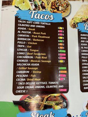 Tacos menu